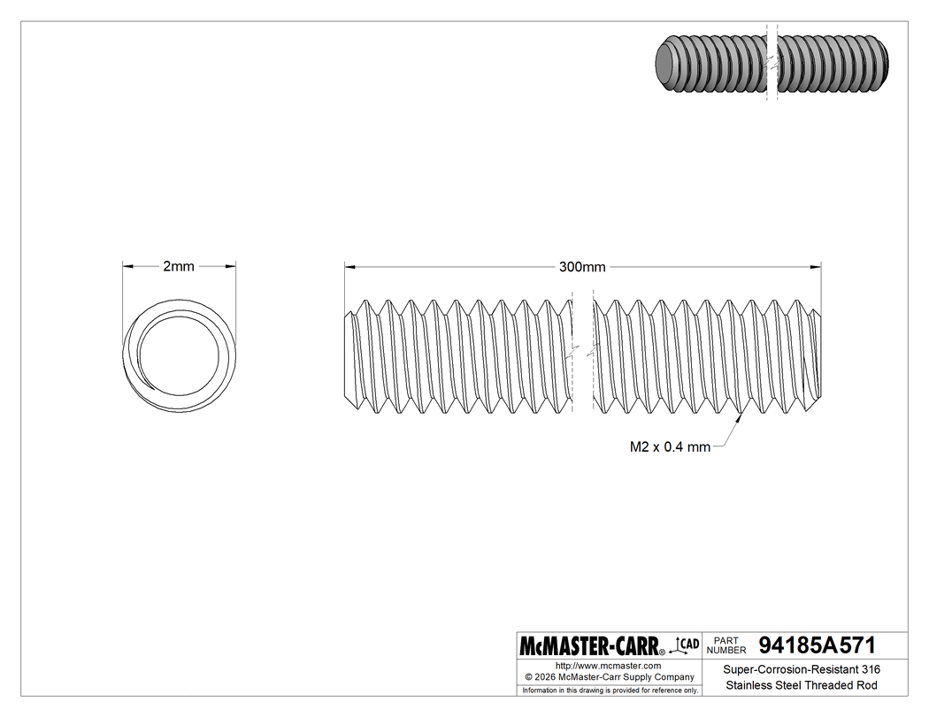 Technical Drawing of Super-Corrosion-Resistant 316 Stainless Steel Threaded Rod, M2 x 0.4 mm Thread Size, 300 mm Long.